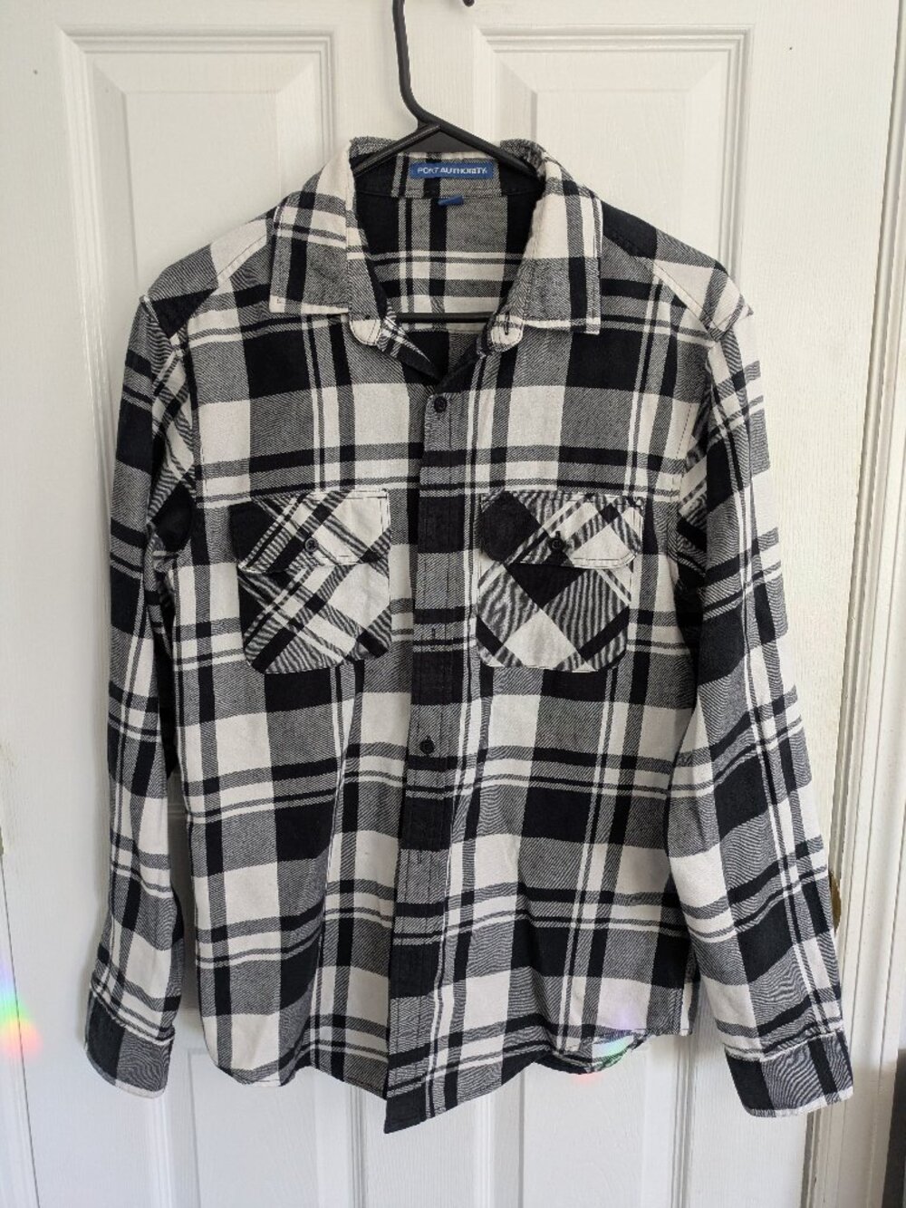Port Authority Black & White Plaid Flannel Shirt – Size S